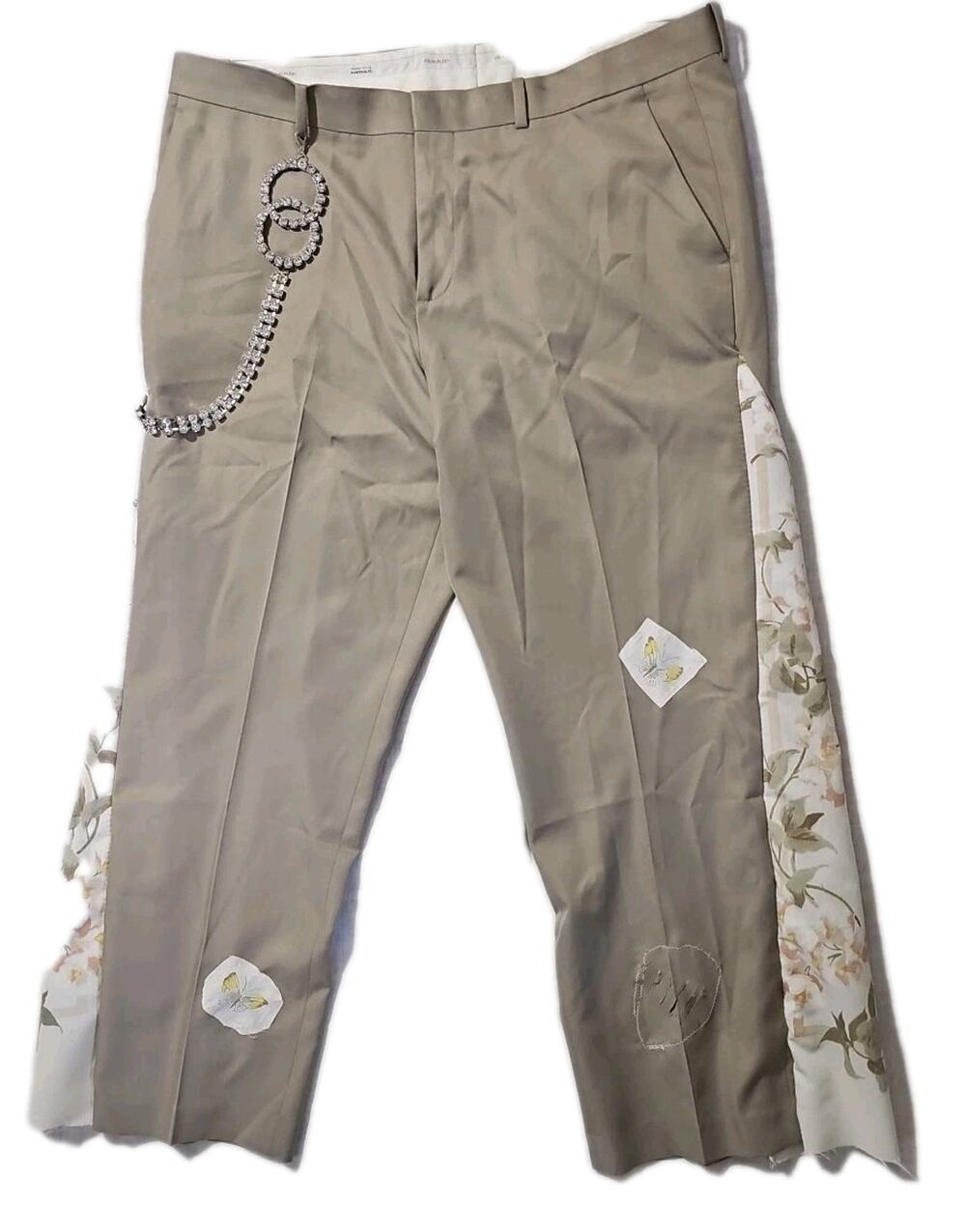 Craftcore Pants Y2K OOAK Beige Floral Flare Bling Side Chain Unisex 38x30 Grunge